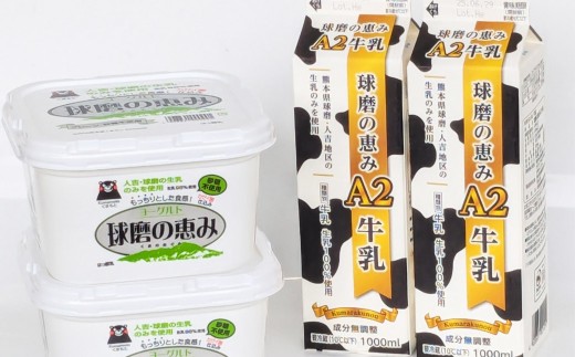 球磨の恵み 「A2牛乳とヨーグルト（無糖）」のセット 牛乳1000ml×2パック ヨーグルト1kg×2パック ／ 生乳 牛乳 ミルク ヨーグルト 乳製品 飲料 飲み物 飲みもの のみもの ドリンク おやつ デザート 国産