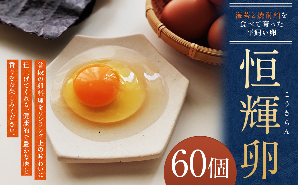 海苔と焼酎粕を食べて育った 平飼い卵「恒輝卵」60個 こうきらん 卵 たまご 玉子 お取り寄せ（破損保証有り）