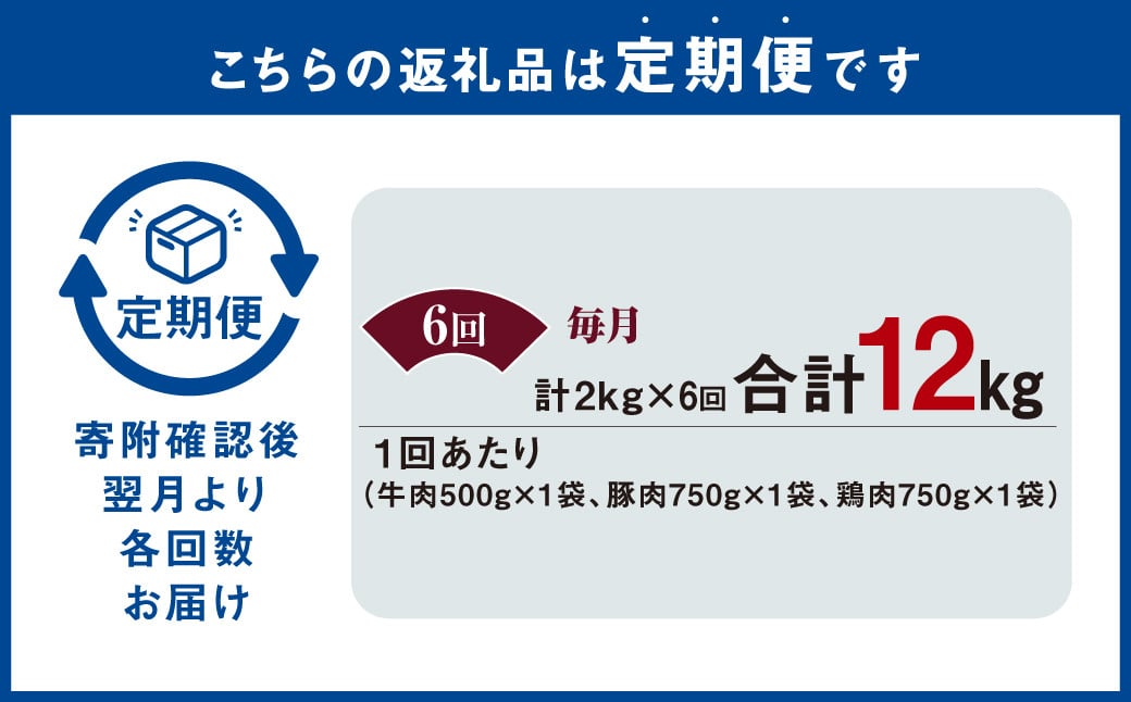 【6ヶ月定期便】 国産 牛豚鶏 タレ漬け 合計2kg ×6回