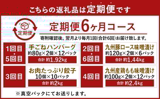 【6ヶ月連続定期便】 下八尻精肉店のお惣菜定期便 ハンバーグ 九州豚ロース味噌漬け 餃子 鶏もも味噌漬け 4種 約7.7kg