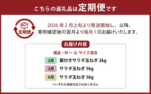 【 3回 定期便 】【2026年2月上旬より順次発送開始】【シーズン期間に3回お届け（発送時期：2026年2月・3月・4月）】＜栽培期間中農薬不使用 熊本県 水俣市産 ／ 耕人舎＞1年に1度だけ！甘くて柔らかい！ 早採り サラダ玉ねぎ （ 優品 ・サイズ混合）　※2月は葉付きの玉ねぎ2kgを、3月及び4月は玉ねぎを5kgずつお届けします。 計約12kg 玉葱 野菜 タマネギ サラダ
