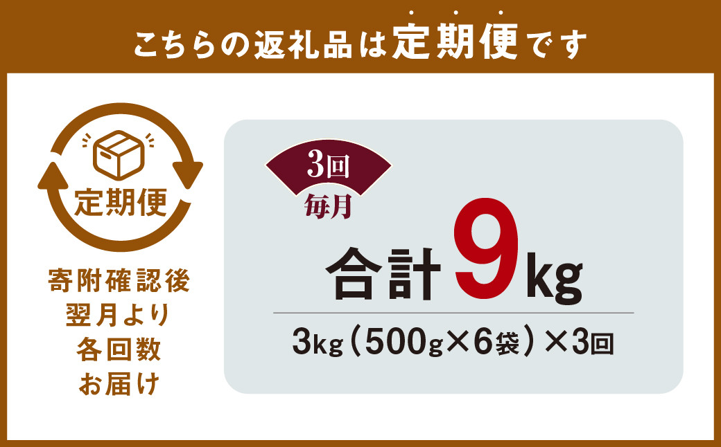 【3ヶ月定期便】 九州産豚 タレ漬け 合計3kg 500g×6袋×3回