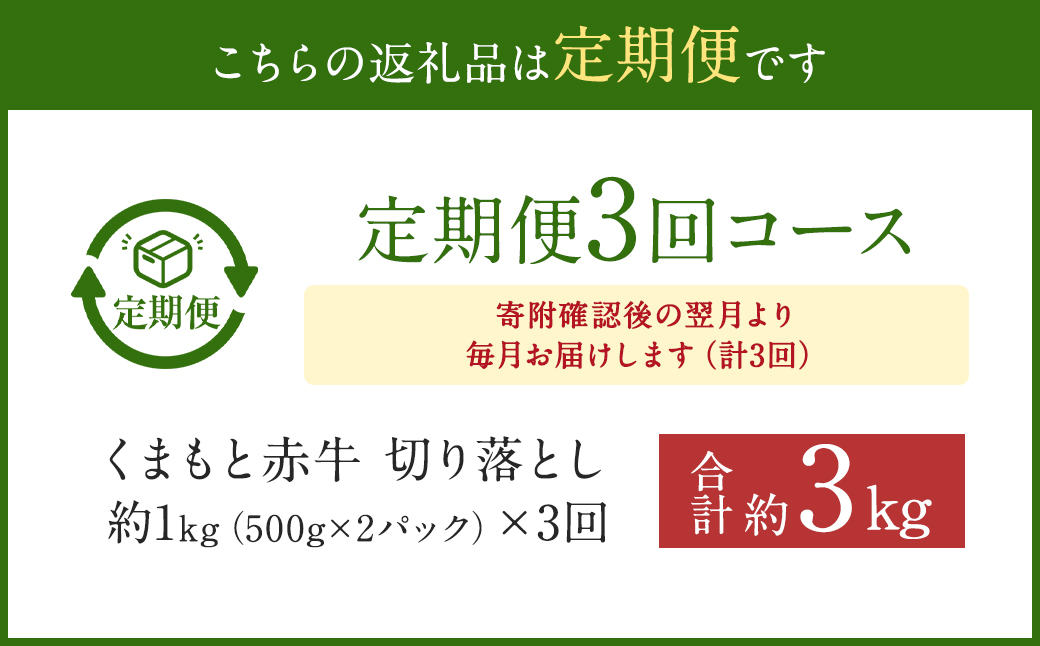 【3ヶ月定期便】 赤牛 切り落とし 1kg (500g×2パック)×3回 牛肉 お肉 定期