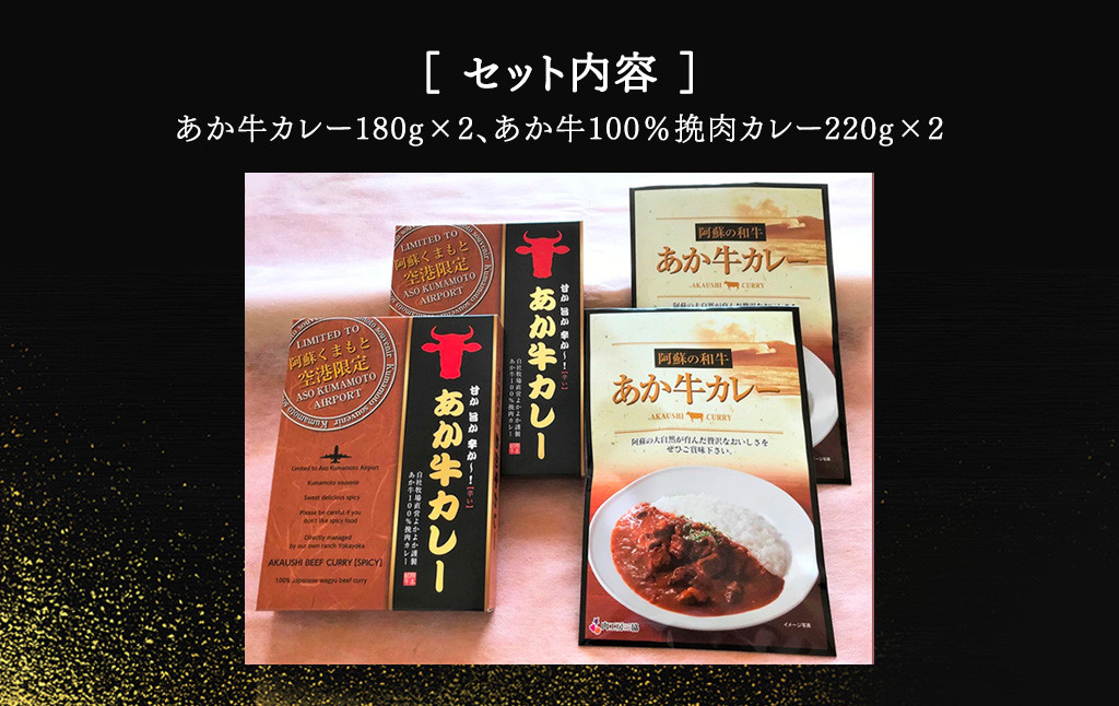 あか牛 カレー詰め合わせセット 合計4袋 あか牛カレー 180g×2袋 あか牛100％挽肉カレー 220g×2袋