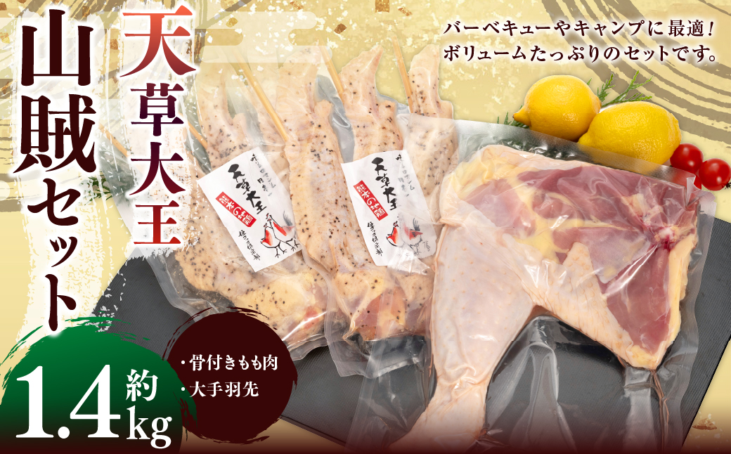 【山賊セット】 天草大王 幻の鶏 キャンプ BBQ 骨付きもも肉 800g 大手羽先 3本×2セット 計約 1.4kg