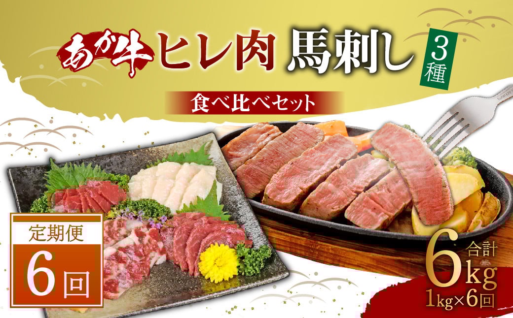 【定期便6か月】 あか牛 ヒレ 肉 800g (6枚前後) 馬刺し200g (赤身100g 霜降り50g たてがみ50g) 食べ比べ セット
