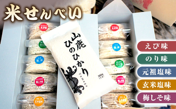 【3回定期便】【こだわり抜いた厳選素材】米せんべい（えび味、のり味、元祖塩味、玄米塩味、梅しそ味） & ヒノヒカリ のセット 【せんべい工房】 [ZBQ003]