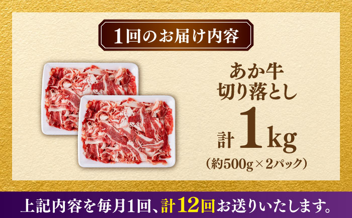 【全12回定期便】あか牛 切り落とし 1kg (500g×2P) 【合同会社　長岡フーズ】 [ZFR040]
