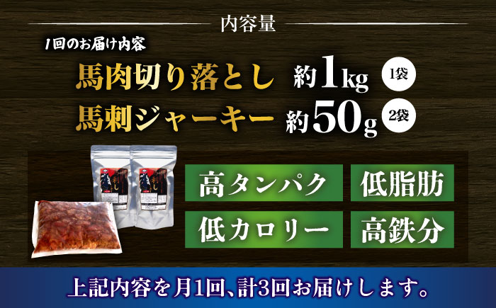 【全3回定期便】詰め合わせ 国内加工 ペット用 馬肉 切り落とし 1kg ペット用 馬刺しジャーキー 100g(50g×2) 【合同会社　長岡フーズ】 [ZFR066]