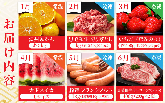 【先行予約】【6回定期便】肉と果物 定期便 ～熊本のうまかもん～ [ZZZ004] フルーツ定期便 果物 くだもの 果物定期便 フルーツ定期 くまもと黒毛和牛 九州産黒毛和牛 ステーキ