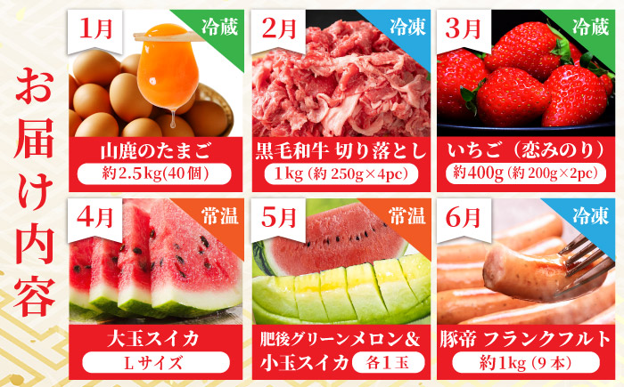 【12回定期便】 開けるたびワクワク！山鹿の極上福袋　お肉からあまいものまで山鹿の恵み 　たまご 黒毛和牛 いちご すいか メロン 豚帝 ジェラート ピオーネ シャイン 馬刺し ユッケ しゃぶしゃぶ すきやき ステーキ