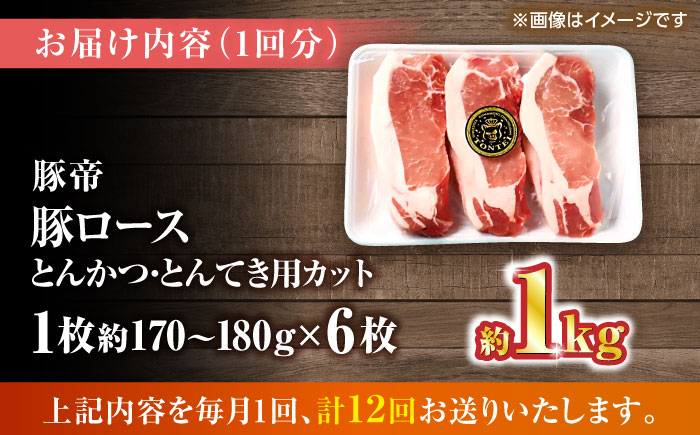 【全12回定期便】豚帝 ロースとんかつ・とんてき用 カット 約1kg（1枚約170～180g×6枚）【KRAZY MEAT(小田畜産)】 [ZCP165]