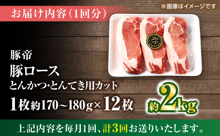 【全3回定期便】豚帝 ロースとんかつ・とんてき用 カット 約2kg（1枚約170～180g×12枚）【KRAZY MEAT(小田畜産)】 [ZCP166]