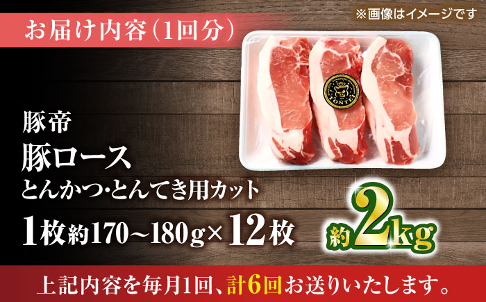 【全6回定期便】豚帝 ロースとんかつ・とんてき用 カット 約2kg（1枚約170～180g×12枚）【KRAZY MEAT(小田畜産)】 [ZCP167]