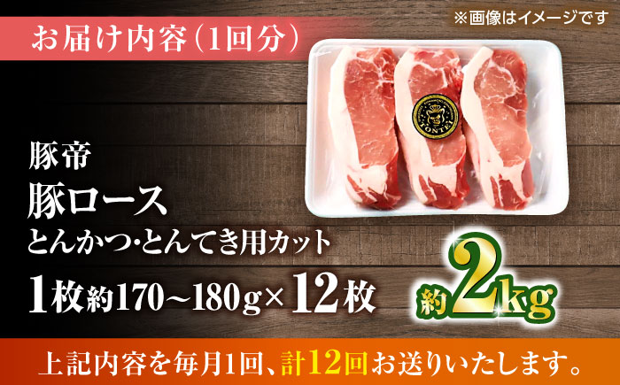 【全12回定期便】豚帝 ロースとんかつ・とんてき用 カット 約2kg（1枚約170～180g×12枚）【KRAZY MEAT(小田畜産)】 [ZCP168]
