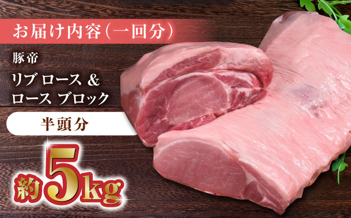 【12回定期便】豚帝 リブ ロース & ロース ブロック (半頭分) 約5kg【KRAZY MEAT(小田畜産)】 [ZCP138]