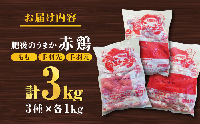 肥後のうまか 赤鶏  3種食べ比べセット（もも 手羽先 手羽元）各1kg 計3kg 国産 九州産  鳥 セット 肉 【やまうちフード株式会社 熊本営業所】 国産 九州産  鳥 セット 肉 [ZAB002]