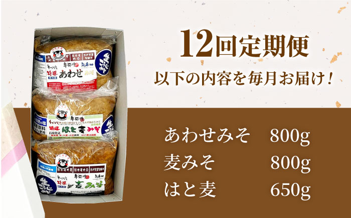 【12回定期便】特選あわせみそ 麦みそ はと麦みそ セット（特選あわせみそ・麦みそ：各800g×１,はと麦みそ650g×1 計3袋）【株式会社内田物産 卑弥呼醤院】 [ZAU015]