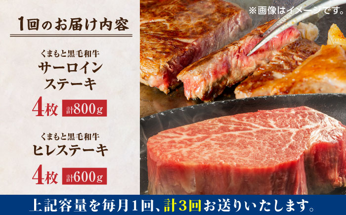【3回定期便】くまもと黒毛和牛 ステーキ食べ比べ ヒレステーキ×4枚 サーロインステーキ×4枚【馬刺しの郷 民守】 食べ比べ セット 霜降り ステーキセット  [ZBL059]