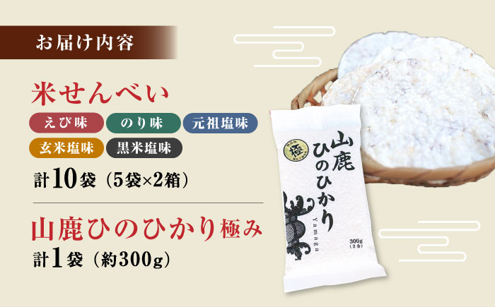 【極み】米せんべい（えび味、のり味、元祖塩味、玄米塩味、黒米塩味） & ヒノヒカリ【せんべい工房】 [ZBQ009]