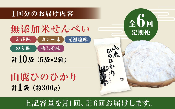 【6回定期便】【おつまみにも♪】米せんべい（えび味、カレー味、元祖塩味、のり味、梅しそ味）& ヒノヒカリ【せんべい工房】 [ZBQ015]