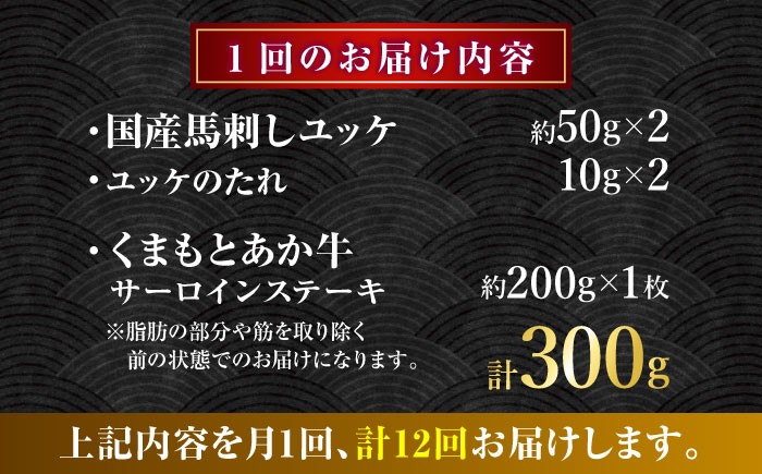 【全12回定期便】くまもとあか牛サーロインステーキと国産馬刺しユッケ贅沢セット 計約300g【有限会社 スイートサプライなかぞの】 [ZBV096]
