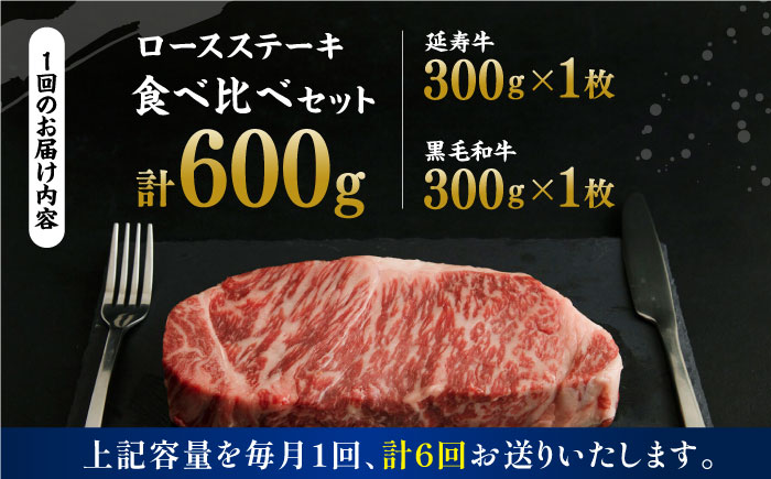 【6回定期便】熊本県産 黒毛和牛 × あか牛 ロース ステーキ 食べ比べ 約 300g×2枚【有限会社 九州食肉産業】 [ZDQ122]