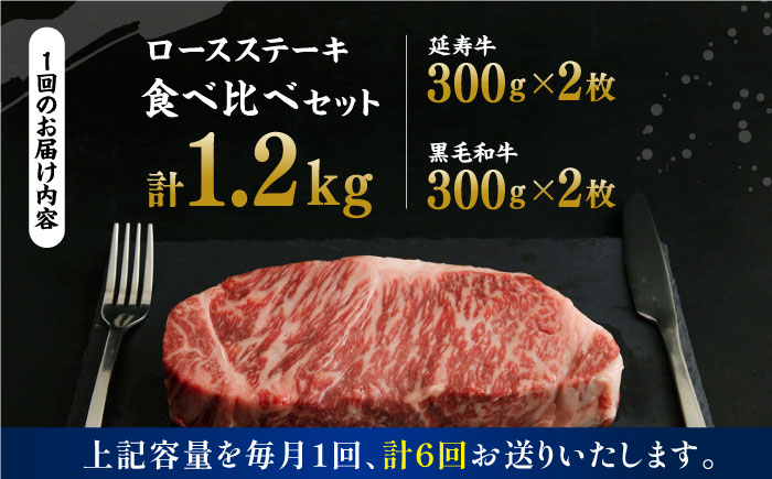 【6回定期便】熊本県産 黒毛和牛 × あか牛 ロース ステーキ 食べ比べ 約 300g×4枚【有限会社 九州食肉産業】 [ZDQ123]