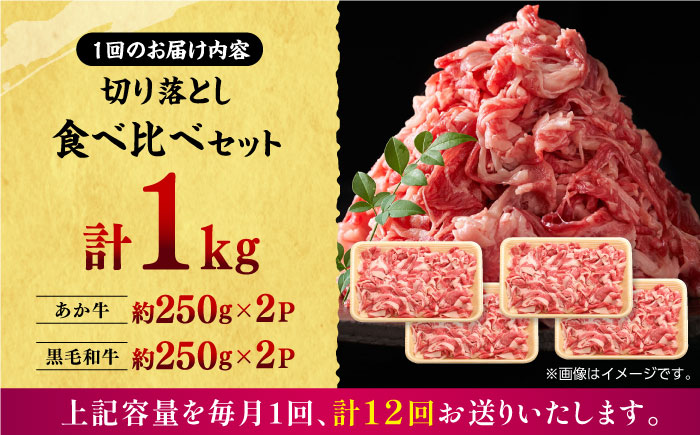 【12回定期便】熊本県産 黒毛和牛 × あか牛 切り落とし 食べ比べ 約 1kg【有限会社 九州食肉産業】 [ZDQ139]