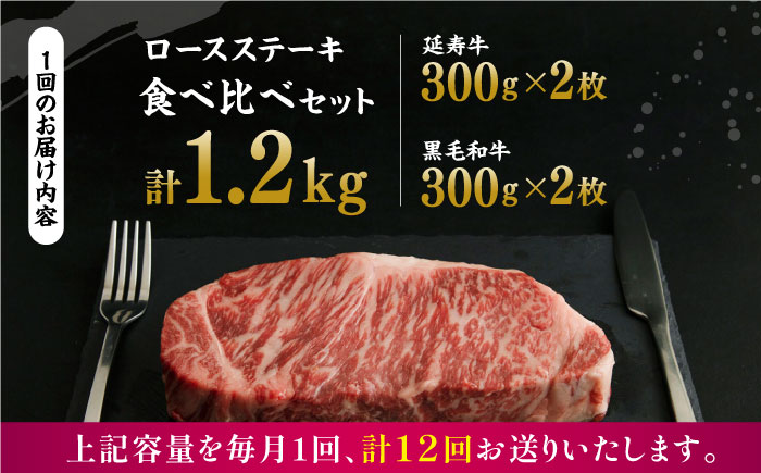 【12回定期便】熊本県産 黒毛和牛 × あか牛 ロース ステーキ 食べ比べ 約 300g×4枚【有限会社 九州食肉産業】 [ZDQ141]