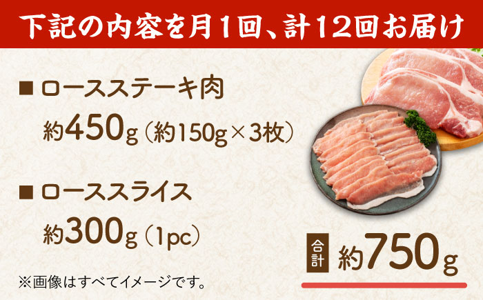 【12回定期便】豚ロースステーキ＆スライスセット 約750g（ステーキ用 約150g×3枚・スライス 約300g×1pc）【吉里精肉】 [ZEW101]