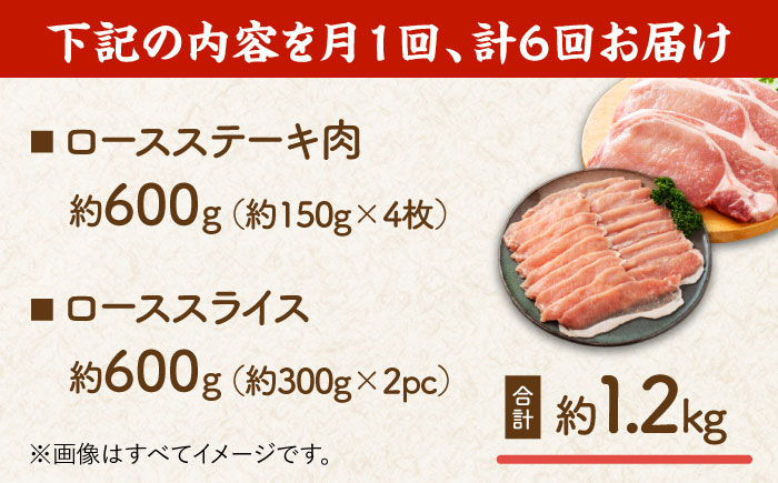 【6回定期便】豚ロースステーキ＆スライスセット 約1.2kg（ステーキ用 約150g×4枚・スライス 約300g×2pc）【吉里精肉】 [ZEW103]