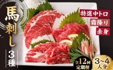 【12回定期便】馬刺し バラエティセット 3種類 ?3・4人前? ＋タレ小【馬刺しの郷 民守】  肉 馬肉 馬 熊本県 特産品 特産 馬刺し  [ZBL104]