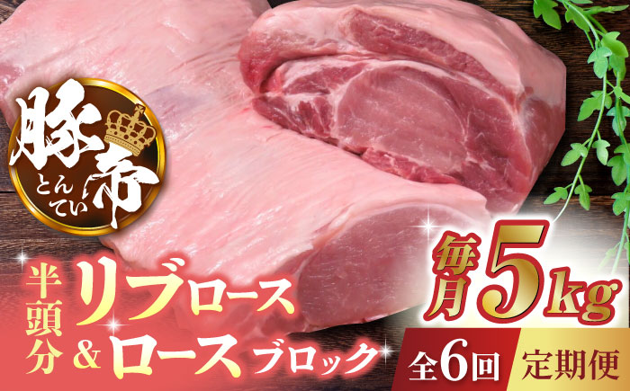 【6回定期便】豚帝 リブ ロース & ロース ブロック (半頭分) 約5kg【KRAZY MEAT(小田畜産)】 [ZCP127]