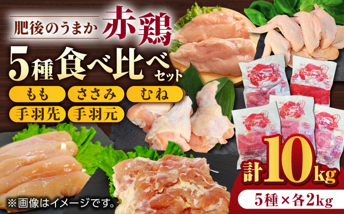 肥後のうまか 赤鶏  5種食べ比べセット（モモ ささみ ムネ 手羽先 手羽元）各2kg 計10kg【やまうちフード株式会社 熊本営業所】  国産 九州産  鳥 セット 肉 [ZAB005]