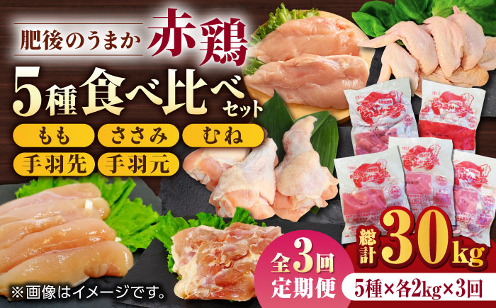 【3回定期便】肥後のうまか 赤鶏  5種食べ比べセット（モモ ささみ ムネ 手羽先 手羽元）各2kg【やまうちフード株式会社 熊本営業所】 国産 九州産  鳥 セット 肉  [ZAB012]