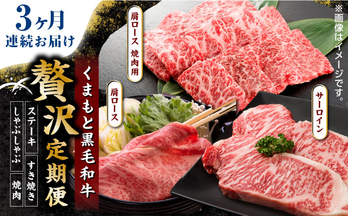 【3回定期便】くまもと黒毛和牛 贅沢定期便（ステーキ すき焼き しゃぶしゃぶ 焼肉）【馬刺しの郷 民守】 和牛 お肉 肉 ステーキ サーロイン  [ZBL035]