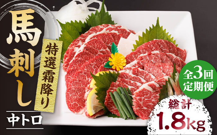 【3回定期便】特選霜降り馬刺し（中トロ）計600g（6pc）＋タレ大【馬刺しの郷 民守】 九州 冷凍 特選 中トロ トロ   [ZBL043]
