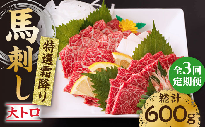 【3回定期便】特選霜降り馬刺し（大トロ）計200g（2pc）＋タレ小【馬刺しの郷 民守】 熊本県産 九州 冷凍 特選 大トロ   [ZBL044]