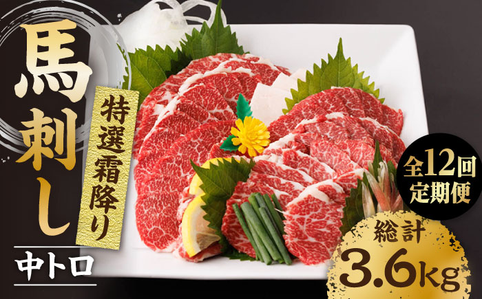 【12回定期便】特選霜降り馬刺し（中トロ）計300g（3pc）＋タレ小【馬刺しの郷 民守】 特産品 霜降り 霜降り馬刺し タレ付き馬刺し 特産  [ZBL098]