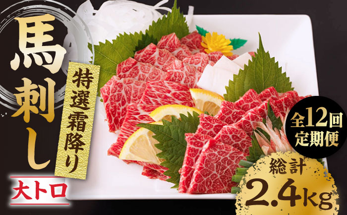 【12回定期便】特選霜降り馬刺し（大トロ）計200g（2pc）＋タレ小【馬刺しの郷 民守】 特産品 霜降り 霜降り馬刺し タレ付き馬刺し 特産  [ZBL100]