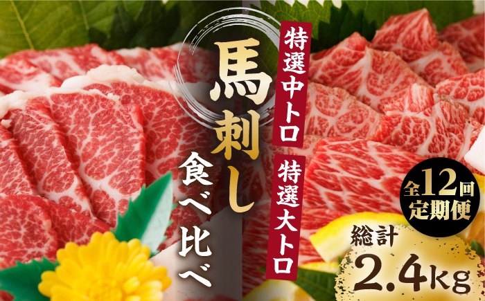 【12回定期便】特選霜降り馬刺し 中トロ大トロ2種食べ比べセット 計200g（各1pc）＋タレ小【馬刺しの郷 民守】 食べ比べ 2種 セット 馬刺しセット 馬刺し  [ZBL106]