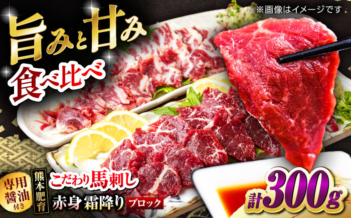 こだわりの馬刺し 食べ比べ ブロック 計約300g 馬刺し醤油付き（赤身約150g×1ブロック,霜降り150g×1ブロック） 【フードサービス むらかみ】 [ZFE003]