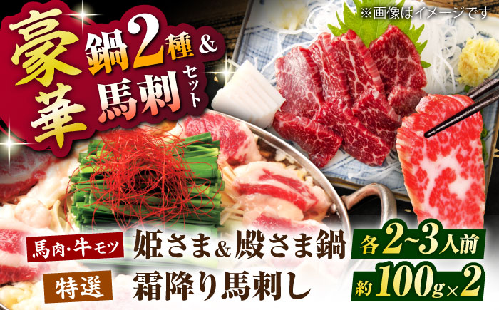 特製味噌スープ「殿さま鍋」と美肌醤油スープ「姫さま鍋」のWセットと特選霜降り馬刺しの豪華極上詰め合わせセット（鍋：各2～3人前、馬刺し：約100g×2）【オルガニコ山鹿】 [ZFH004]