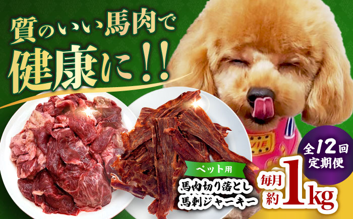 【全12回定期便】詰め合わせ 国内加工 ペット用 馬肉 切り落とし 1kg ペット用 馬刺しジャーキー 100g(50g×2) 【合同会社　長岡フーズ】 [ZFR068]