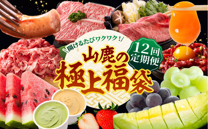 【12回定期便】 開けるたびワクワク！山鹿の極上福袋　お肉からあまいものまで山鹿の恵み 　たまご 黒毛和牛 いちご すいか メロン 豚帝 ジェラート ピオーネ シャイン 馬刺し ユッケ しゃぶしゃぶ すきやき ステーキ