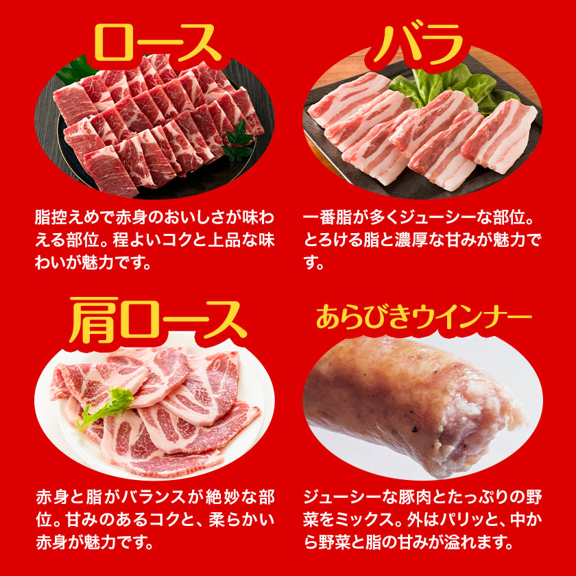 豚肉 焼肉 ＆ ウインナー セット 4種類 食べ比べ 有限会社ハム工房TONGTONG《90日以内に出荷予定(土日祝除く)》熊本県 菊池市 豚肉 セット バラ ロース モモ ウインナー ソーセージ 金TONG 九州産 国産 熊本県産---005-1972---