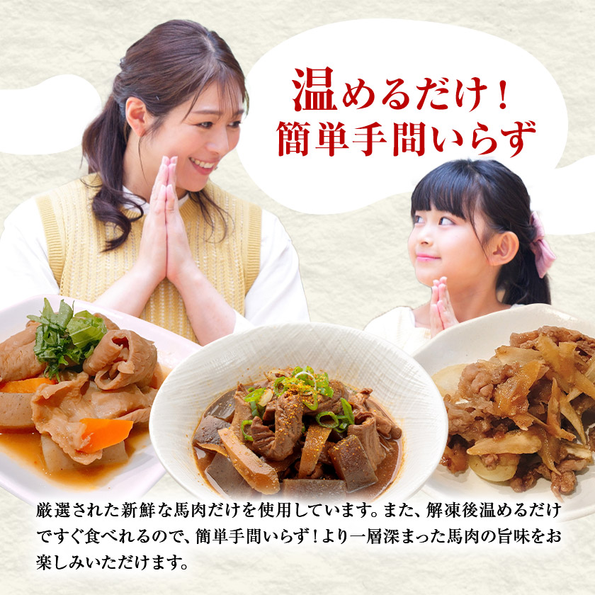 馬力セット 3種類 セット 計630g ホルモン煮込み しぐれ煮 スジ煮込み 株式会社有働精肉店《30日以内に出荷予定(土日祝除く)》熊本県 菊池市 おつまみ 惣菜 馬肉 ホルモン すじ肉 熊本県産 九州産 国産 冷凍 送料無料---181-2484---