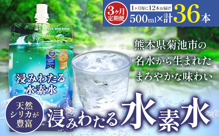 【3ヶ月定期便】浸みわたる水素水 12本 内容量 1本500ml 計18L《お申込み翌月から出荷》水 水素水 天然水 飲料水 ミネラルウォーター アルミパウチ パウチ 国産 九州産 熊本県産 菊池市産---003-1520---