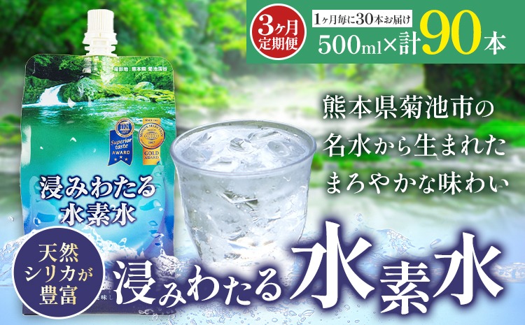 【3ヶ月定期便】浸みわたる水素水 30本 内容量 1本500ml 計45L《お申込み翌月から出荷》水 水素水 天然水 飲料水 ミネラルウォーター アルミパウチ パウチ 国産 九州産 熊本県産 菊池市産---003-2417---